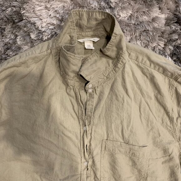 H&M Shirt Mens Medium Beige Linen Button Up Long Sleeve Preppy Casual Beach - Picture 2 of 4